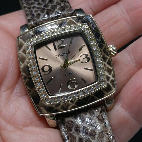 Chico's Faux Snake Skin Leather Watch, Clear Rhinestone Frame, 9 Inches - Picture 9 of 10